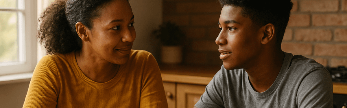 Mother and teenage son having an honest, relaxed conversation at the kitchen table.
