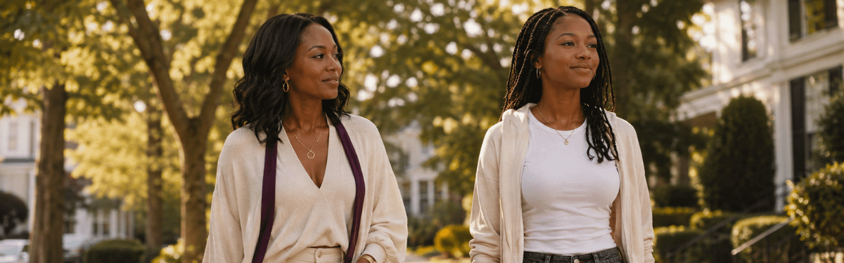 African American mother walking beside her teenager while giving them room for growing independence and connection.