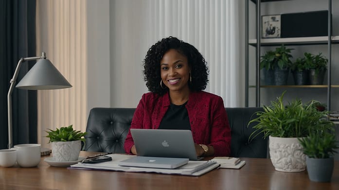 Smiling professional woman sitting at a clean desk looking happy in her Life Purpose