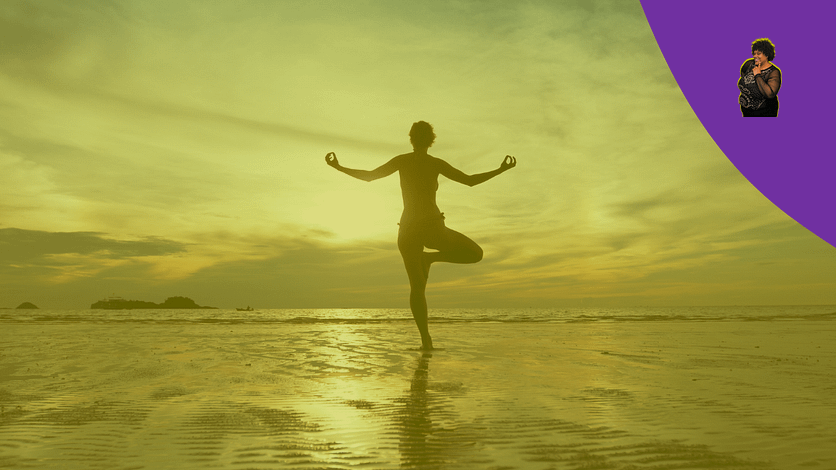 KG-Finding Balance Strategies for achieving energy and focus Woman Finding Balance on Beach standing on one foot