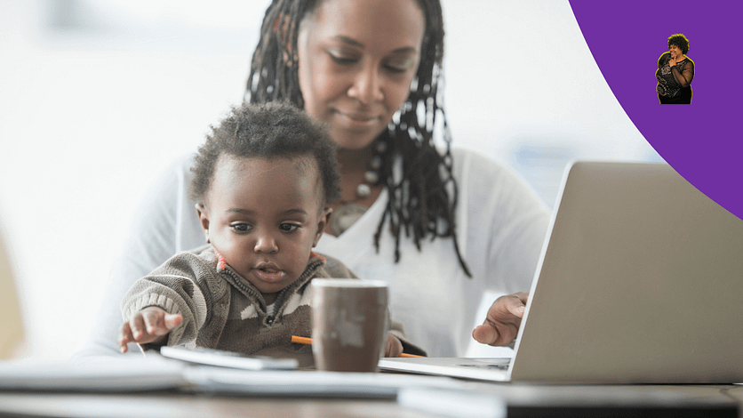 KG-KeishaGolder Achieving Balance BPImage2-1280x720 Black woman working while child is sitting on lap