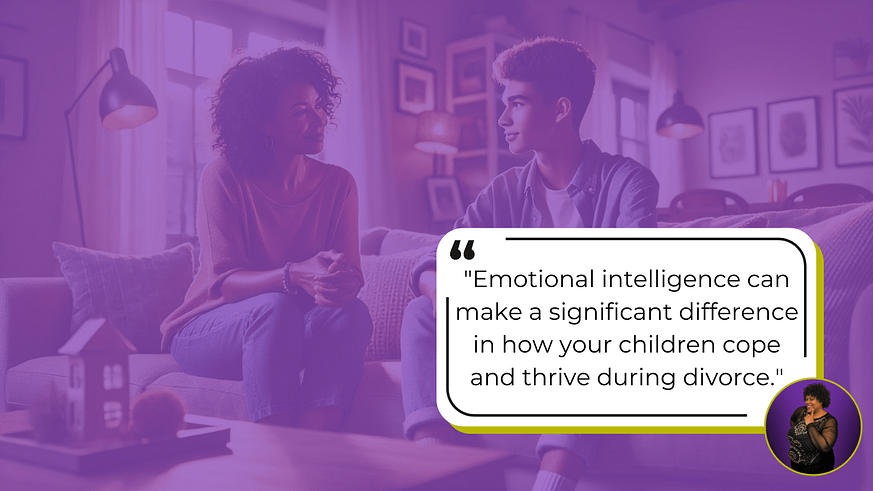 Effective parenting during divorce- Significant Difference African American mother talking to her teenage son on the couch with a quote about emotional intelligence and coping with divorce.