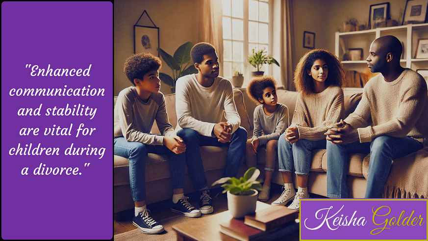 Effective parenting during divorce-communication and stability African American family having a serious conversation on the couch about communication and stability during a divorce.
