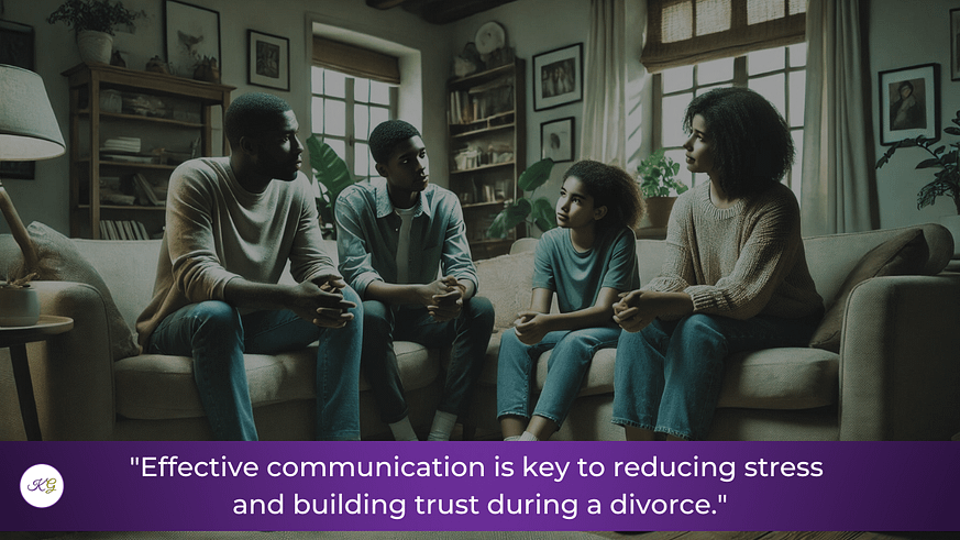 Effective parenting during divorce-effective communication is key African American family having a deep conversation on the couch about the importance of effective communication during a divorce.