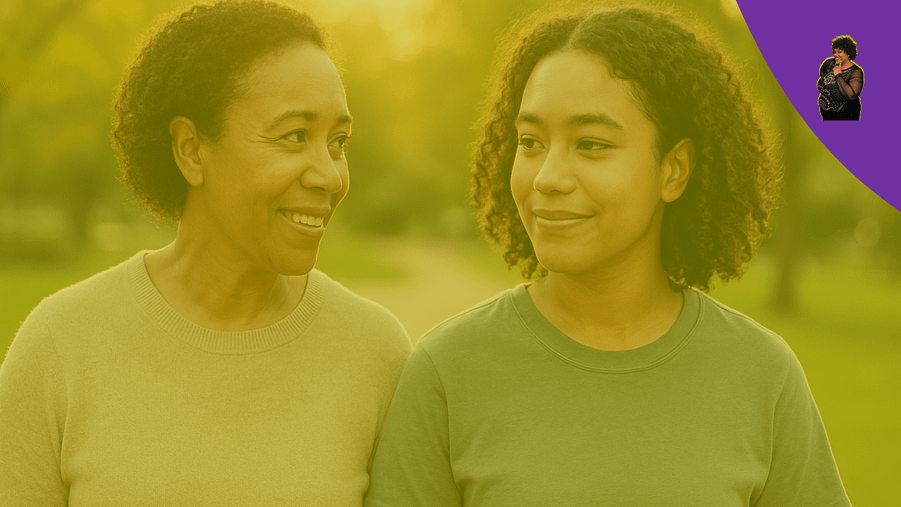 KG-Parenting Without Power Struggles Side view of a smiling parent and teen walking outdoors together at golden hour, mid-conversation, with warm, natural light all around them.