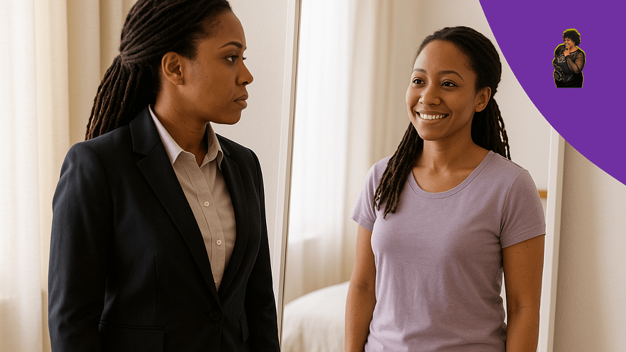 KG-KeishaGolder you've Got The titles BPImage2-1280x720 Mirror reflection showing woman’s true self behind professional roles.