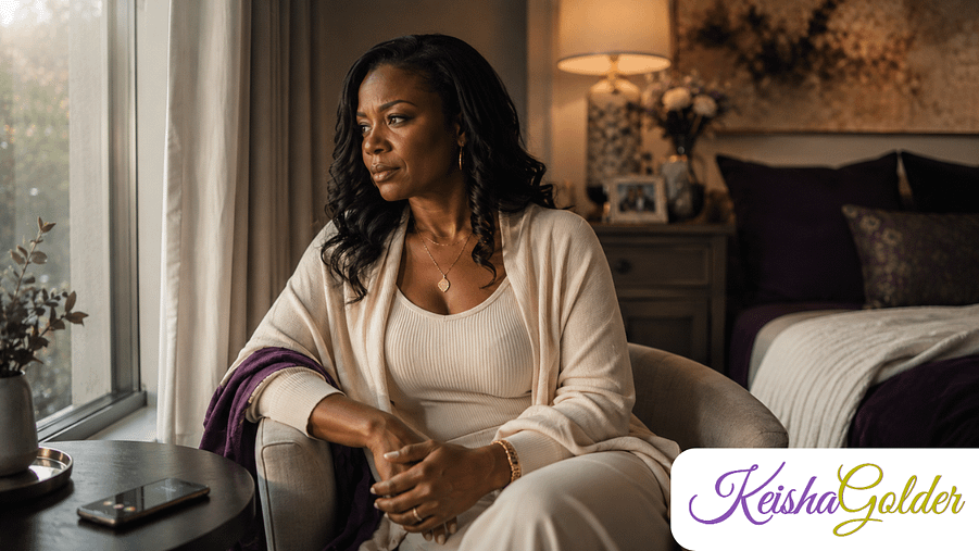 KG- guilt-when-not-helping-others African American woman reflecting quietly instead of automatically responding to someone else's need.