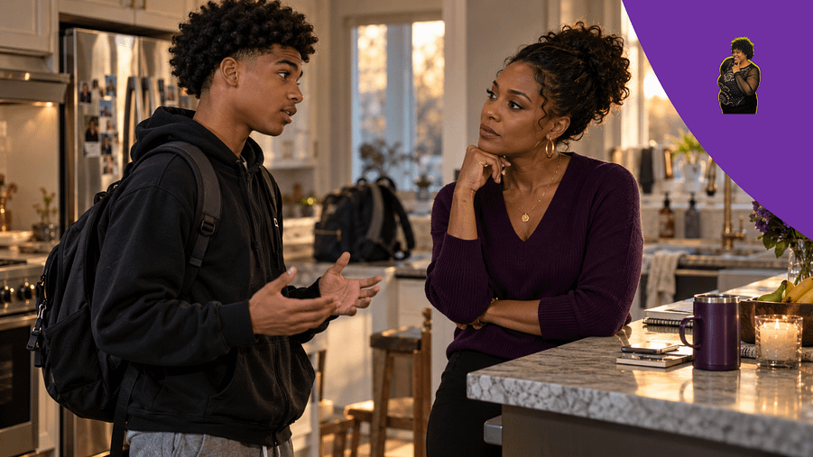 KG-Why Your Teen is Still Mad Mother calmly listens while her teenage son explains himself during an ordinary kitchen conversation.
