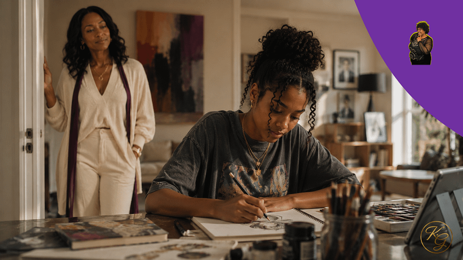 KG- accepting-who-your-teenager-is-becoming African American mother watching her teenager explore an independent interest with curiosity and acceptance.