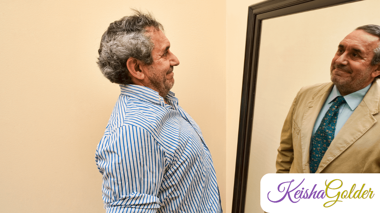 Man looking in the mirror while his true self is looking back at him