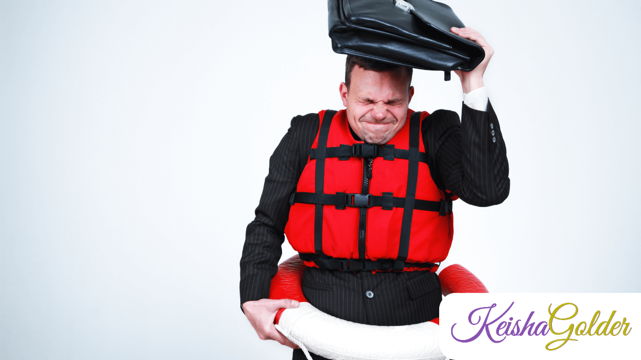 Man with life vest and safety dingy trying to save himself from drowning in expectations of othersd