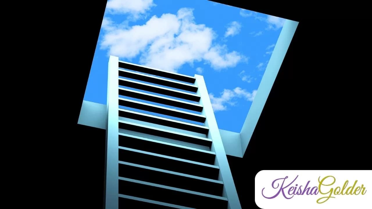 Ladder breaking through the ceiling and leading to the sky 