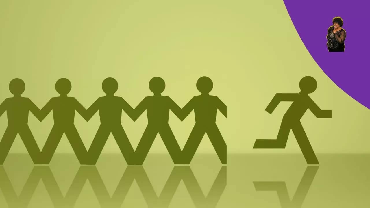 Stick person breaking free from a group of stick people