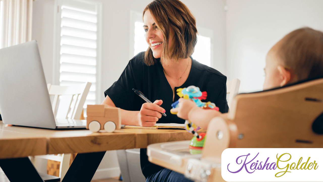 KG-KeishaGolder work Life Balance BPImage-1280x720 woman working and feeding/playing with child