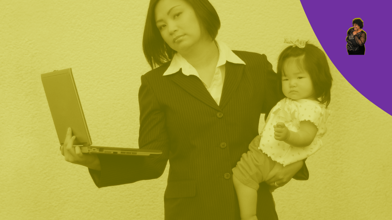 KG Mastering Work Life Balance Woman holding laptop on one sidf and a baby on the other