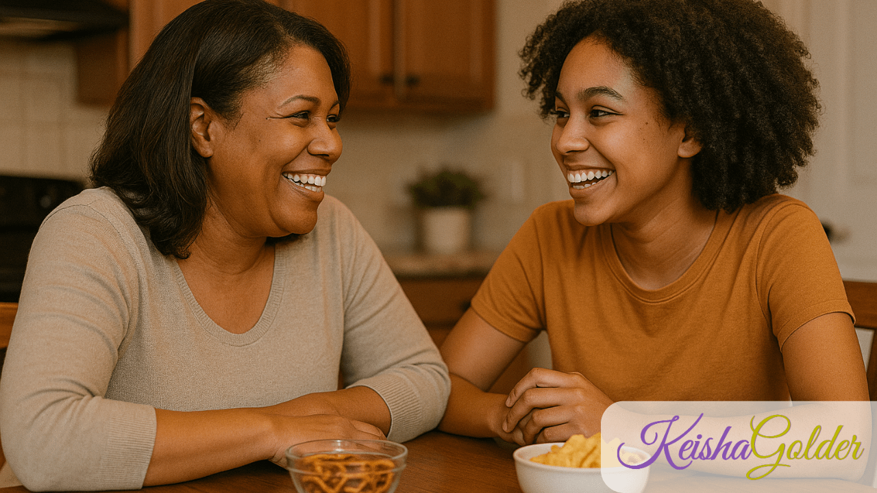 Parent and teen sharing a relaxed conversation at the kitchen table, symbolizing trust, understanding, and stronger communication