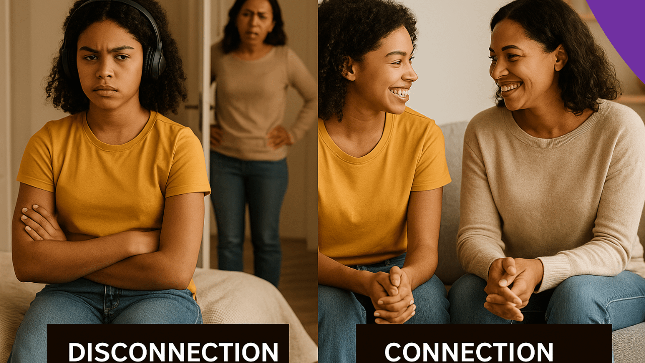 Parent and teen walking and talking, representing emotional safety and healthy communication