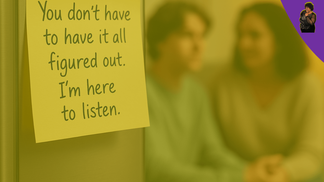 Trust-building phrase on a sticky note symbolizing emotional safety and deeper parent-teen communication.